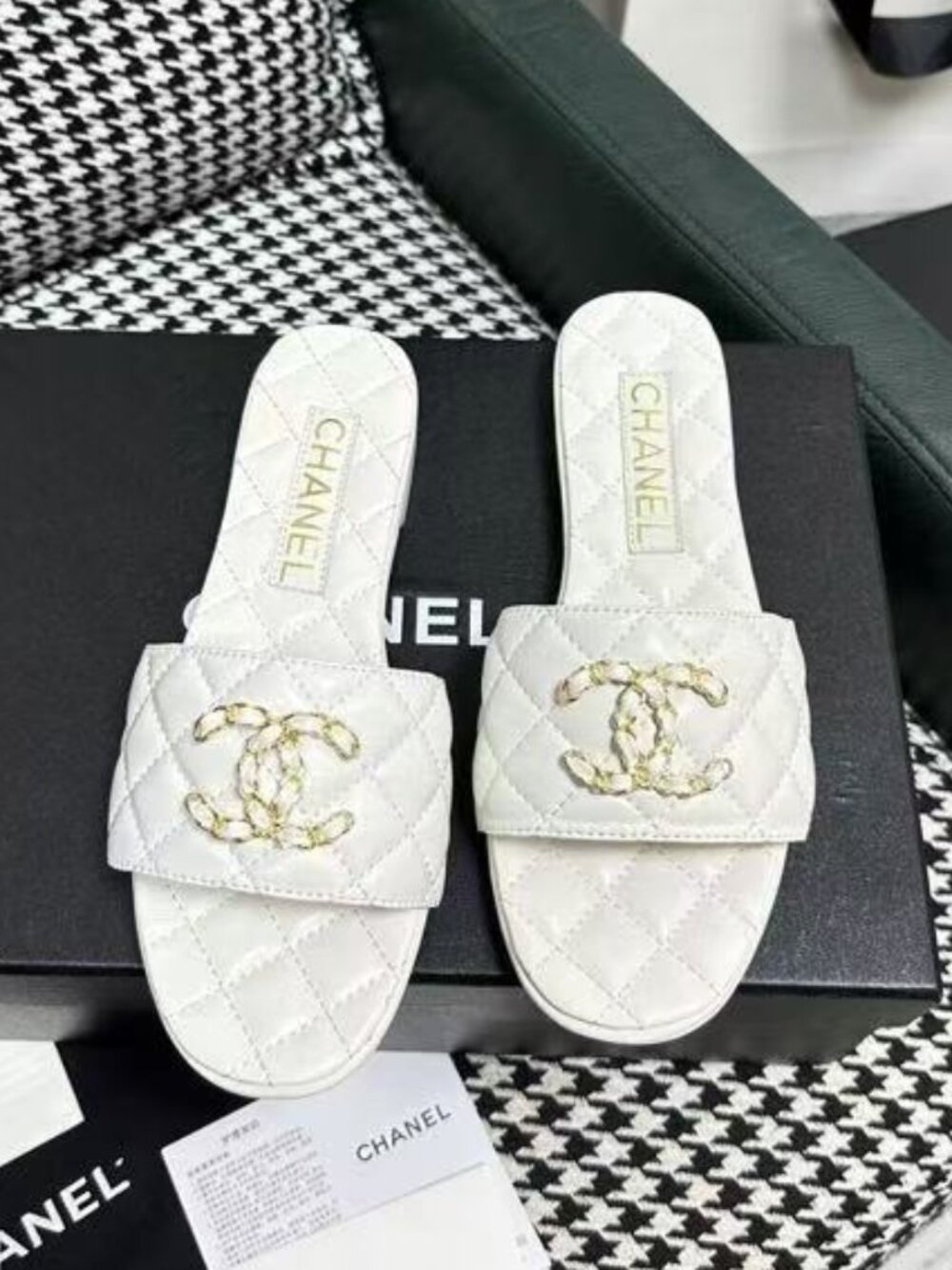 Chanel White Quilted Slide Sandals